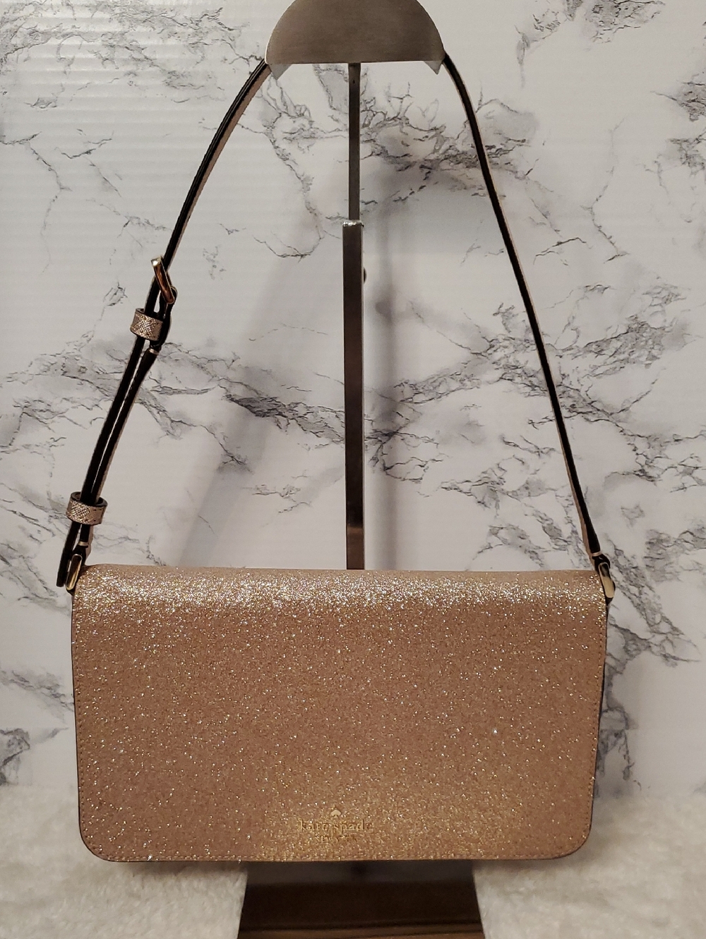 Kate Spade Rose Gold Glitter Tinsel Flap Shoulder Bag NWOT